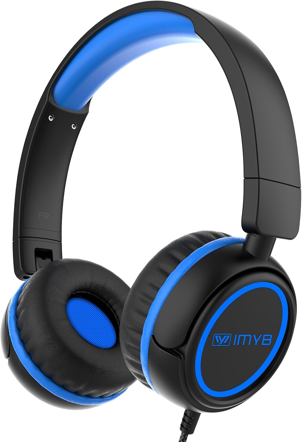 IMYB V1 black on-ear kids headphones folded, showing the adjustable headband and braided cable